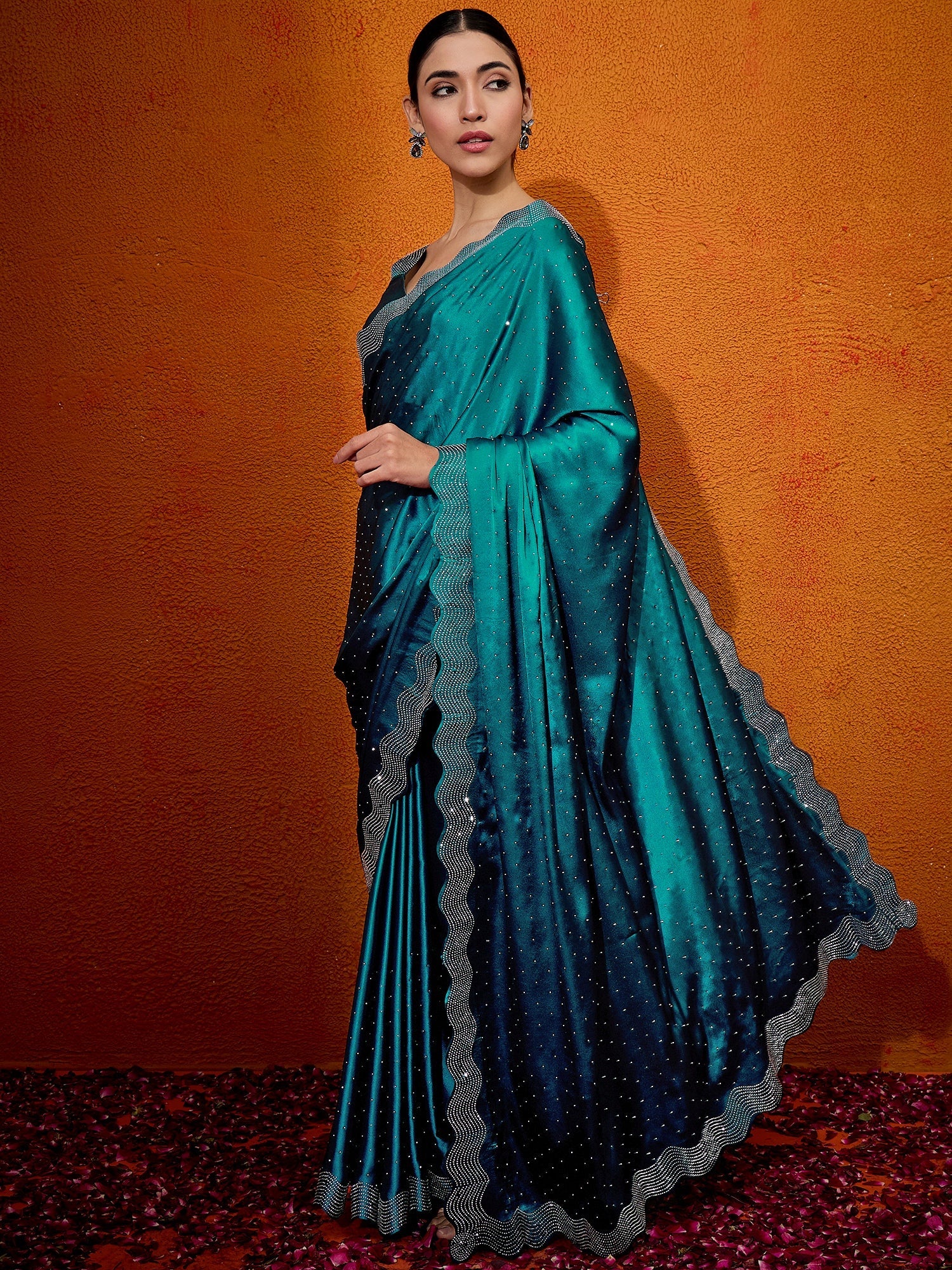 NOZ2TOZ Women's Satin Silk Teal blue Embellished Designer Saree With Blouse Piece - Distacart