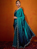 Thumbnail for NOZ2TOZ Women's Satin Silk Teal blue Embellished Designer Saree With Blouse Piece - Distacart