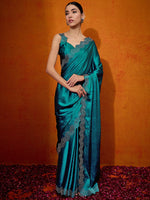 Thumbnail for NOZ2TOZ Women's Satin Silk Teal blue Embellished Designer Saree With Blouse Piece - Distacart