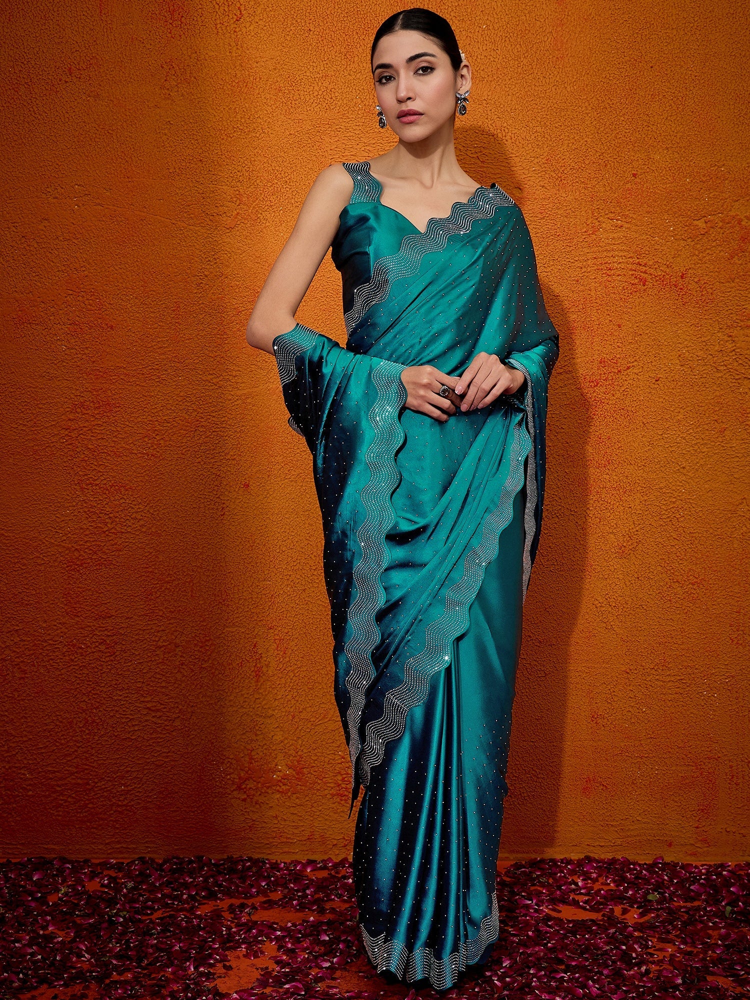 NOZ2TOZ Women's Satin Silk Teal blue Embellished Designer Saree With Blouse Piece - Distacart
