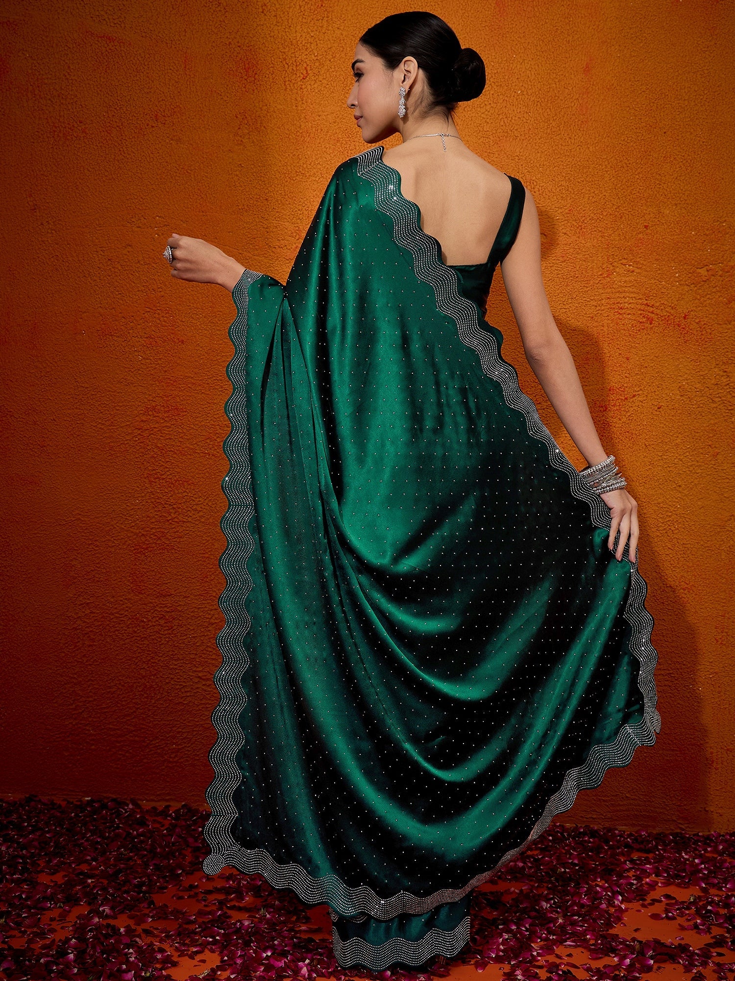 NOZ2TOZ Women's Satin Silk Green Embellished Designer Saree With Blouse Piece - Distacart