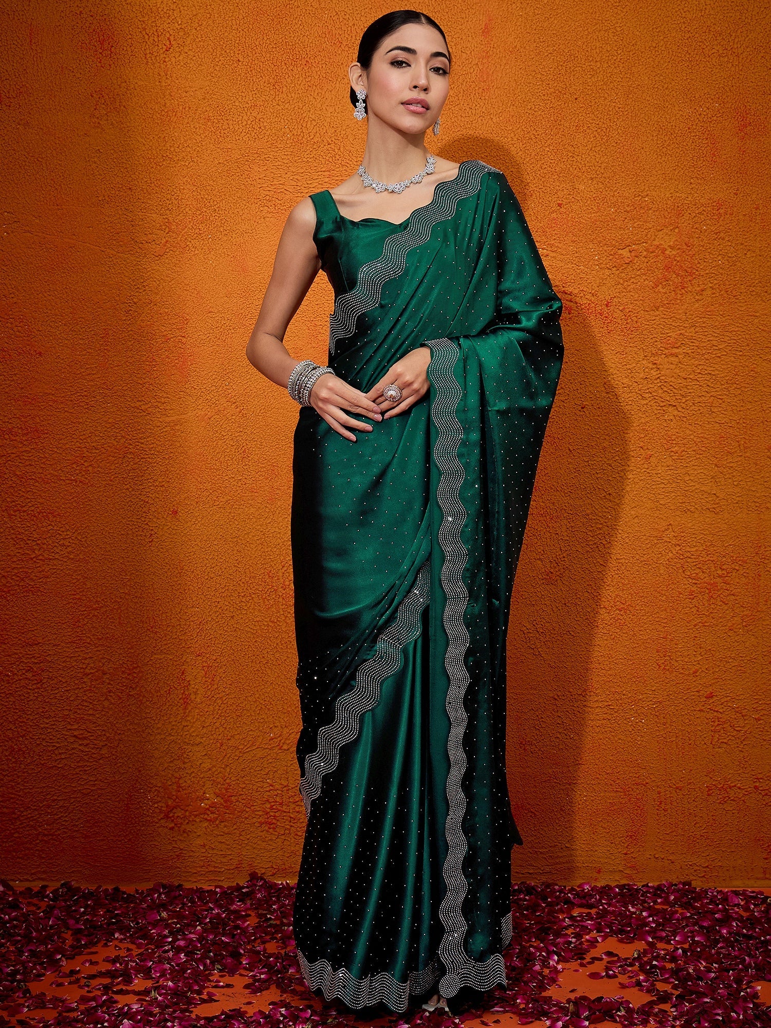 NOZ2TOZ Women's Satin Silk Green Embellished Designer Saree With Blouse Piece - Distacart