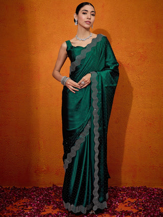 NOZ2TOZ Women's Satin Silk Green Embellished Designer Saree With Blouse Piece - Distacart