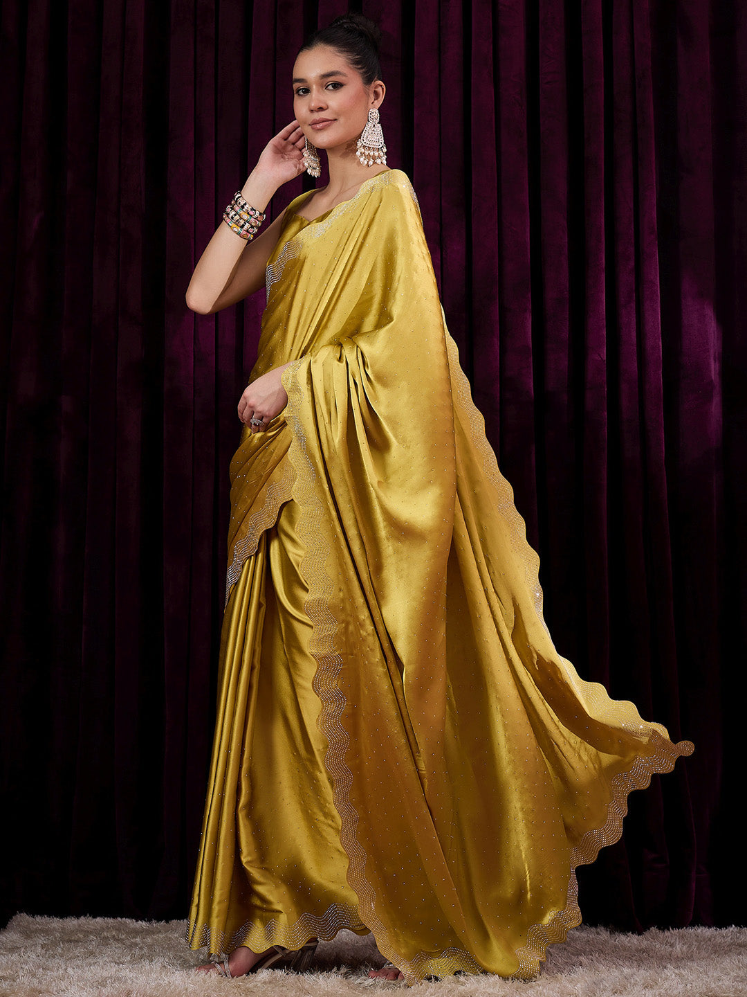 NOZ2TOZ Women's Satin Silk Mustard Embellished Designer Saree With Blouse Piece - Distacart