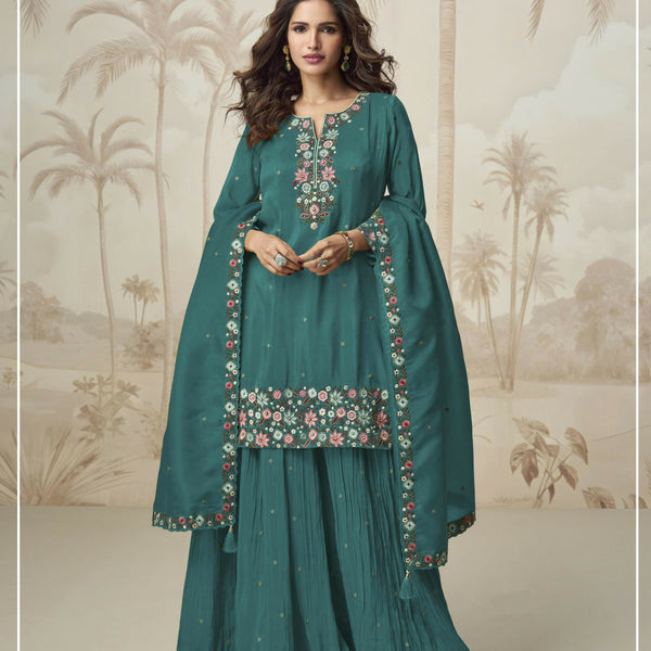Anaita Turquoise Simar with Embroidery Multi & Zarkhan Work Readymade Palazzo suit - Distacart