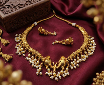 Jewel City Antique Gold Plated Elephant Temple Jewelry Set Traditional Indian Choker Necklace & Earrings for Wedding & Festivals - Dista