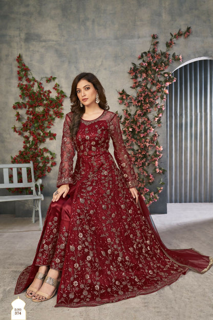 Anaita Maroon Embroidered Net Stitched Anarkali suit - Distacart