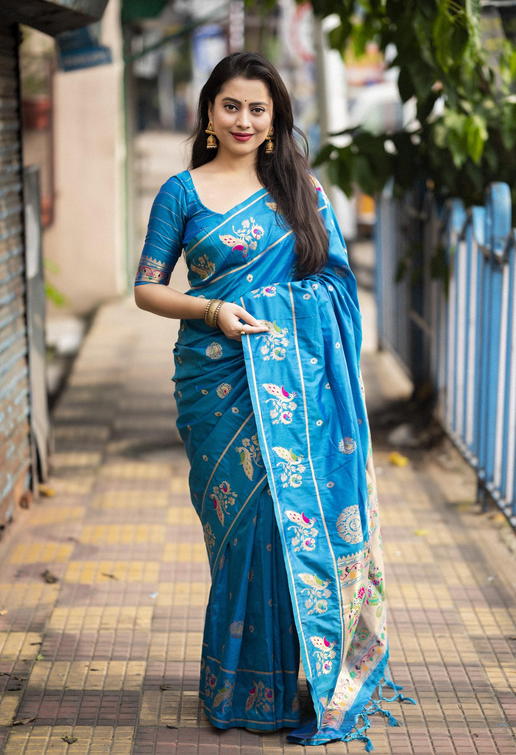 Blue Pure Silk Woven Design Saree with Unstitched Blouse - A2M - Distacart