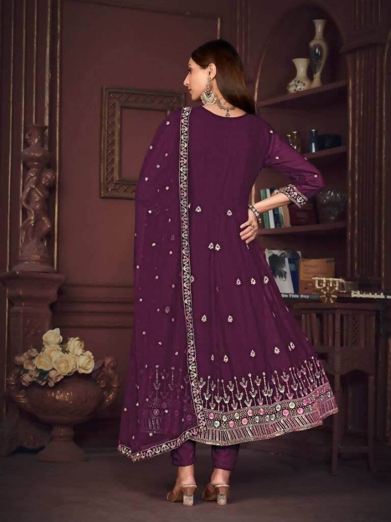 Jyoti Fashion Women's Purple Georgette Embroidered Anarkali Kurta Pant Set With Dupatta - Distacart