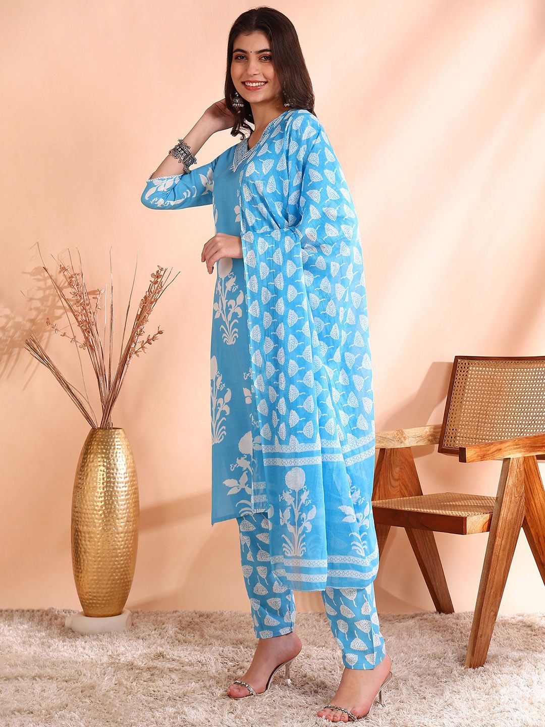 Ode by House of Pataudi Printed Thread Work Pure Cotton Kurta With Trousers & Dupatta - Distacart