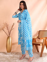 Thumbnail for Ode by House of Pataudi Printed Thread Work Pure Cotton Kurta With Trousers & Dupatta - Distacart