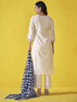 Thumbnail for Anouk Off White Floral Embroidered Chanderi Silk Straight Kurta With Trousers & Dupatta