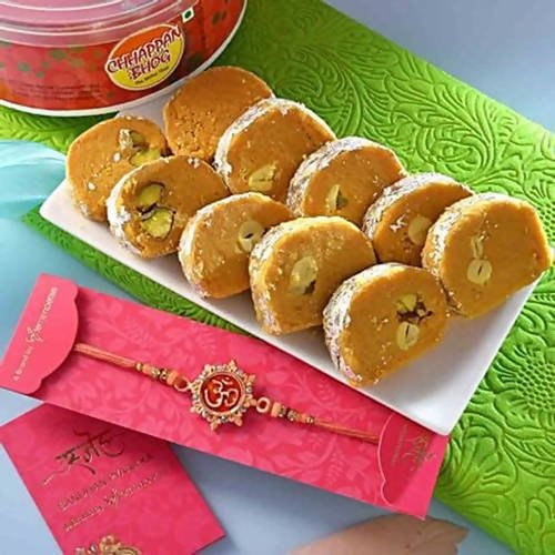 Auspicious Peach Om Rakhi & Batisha Slice Combo