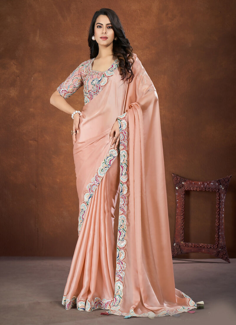 Peach Crepe Satin Silk Embroidered Saree with stitched Blouse - Mohmanthan Saha Saki - Distacart