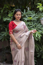 Thumbnail for Fossil Pure Linen Ethnic Motifs Saree with Unstitched Blouse - A2M