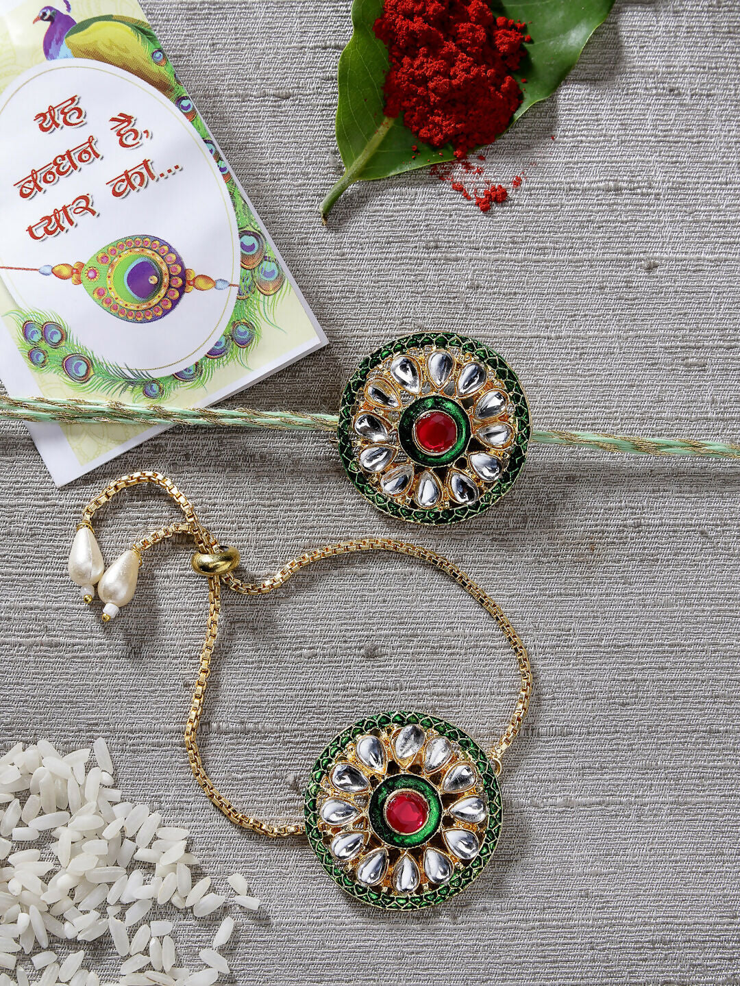 NVR Women & Men Set of 2 Gold Kundan-Studded Handcrafted Wraparound Rakhi Set With Roli Chawal & Chocolate - Distacart
