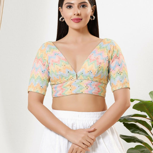 Joban Fashion Multi Silk Padded Blouse With V Neck Elbow Sleeves - Distacart