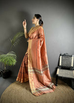 Thumbnail for Joban Fashion Peach Woven Pattern Raw Silk Kanjivaram Silk Saree - Distacart