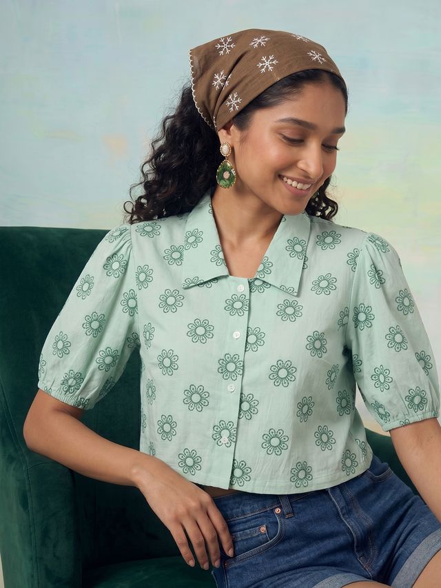 Janasya Sea Green Crop Cotton Top - Dista