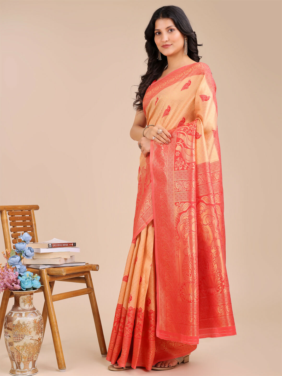Astita Banarasi Silk Cream & Red Saree