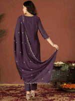 Thumbnail for The52 Wine Women's Gorgeous Vichitra Fabric Embroidered Work Straight Kurta Pant and Dupatta Set - Distacart