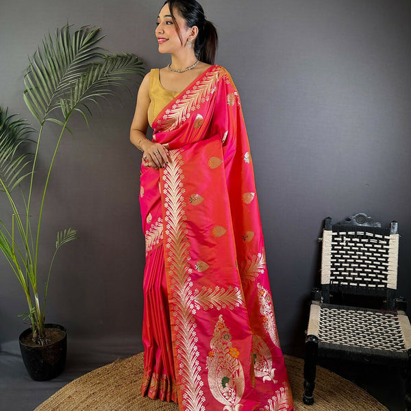 Joban Fashion Banarasi Pink Woven Soft Silk Saree - Distacart