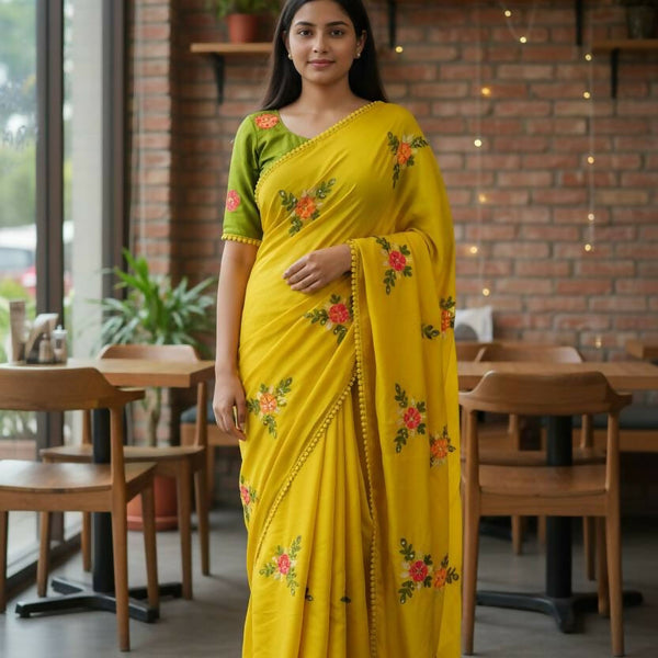 Teeya Creation Yellow Rangoli Silk Embroidery Work Party Wear Designer Saree - Distacart