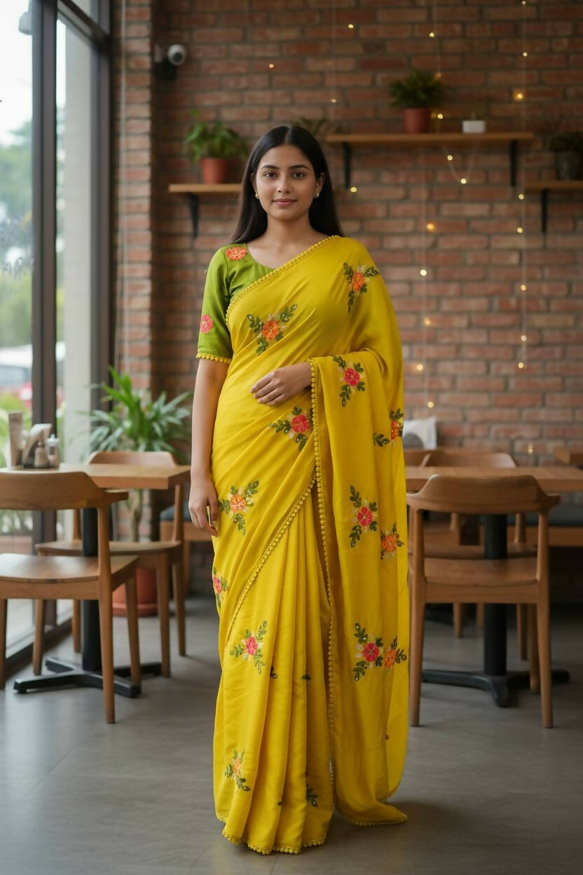 Teeya Creation Yellow Rangoli Silk Embroidery Work Party Wear Designer Saree - Distacart