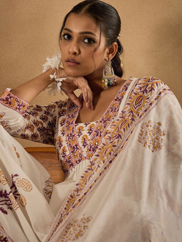 Indo Era Women Floral Printed Empire Pure Cotton Kurta with Trousers & With Dupatta