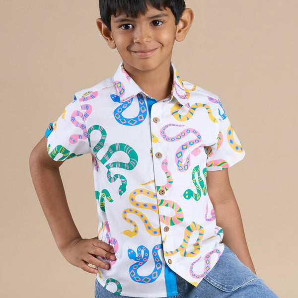 Snakes and Ladders Boys Multi Color Snake Print Shirt from Siblings Collection - Distacart