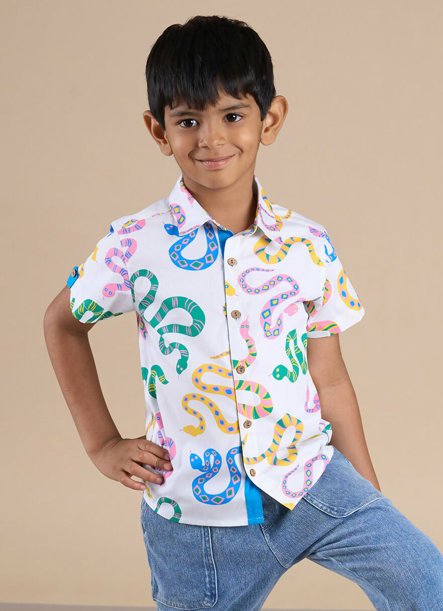 Snakes and Ladders Boys Multi Color Snake Print Shirt from Siblings Collection - Distacart