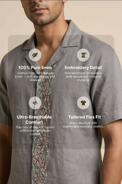 Driftstone — Grey Embroidered Linen Shirt by Hilo Design - Dista
