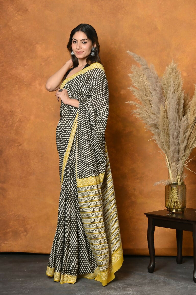 Very Much Indian Handblock Printed Cotton Saree With Natural Dyes - Black & White - Distacart