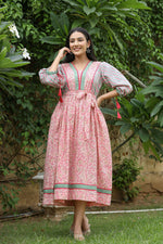 Thumbnail for Kaajh Women's Pink Hand Block Printed Dress - Distacart