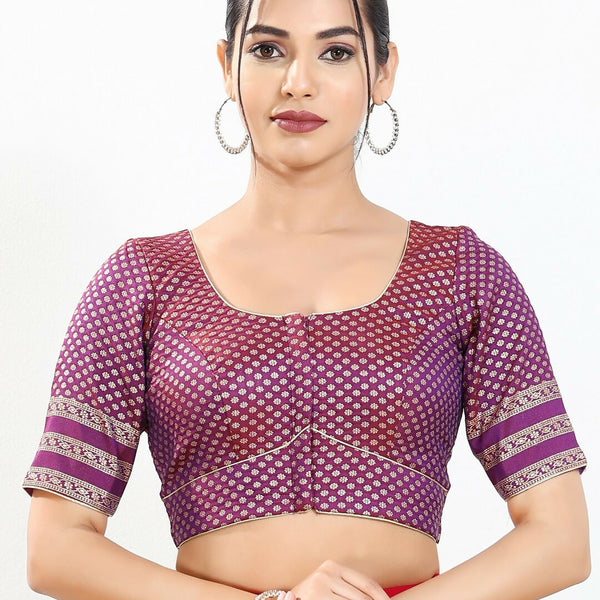 Joban Fashion Purple Brocade Padded Blouse With Round Neck Elbow Sleeves - Distacart