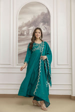 Thumbnail for The52 Rama Women's Beautiful Vichitra Silk Fabric Embroidered Work Flared Anarkali Pant and Dupatta Set - Distacart