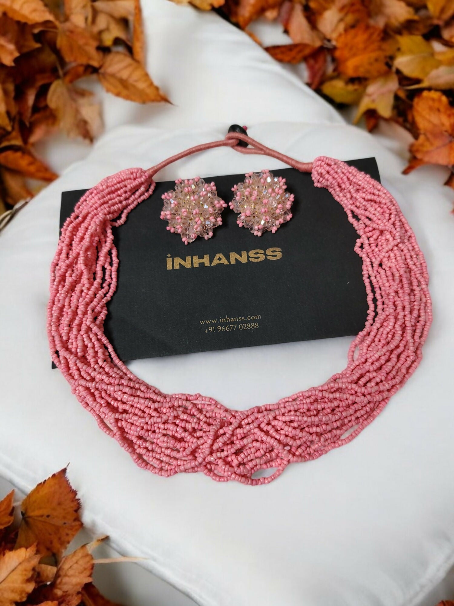 Inhanns Vibrant Handmade 20 Layers Beaded Necklace With Matching Earrings - Light Pink - Distacart