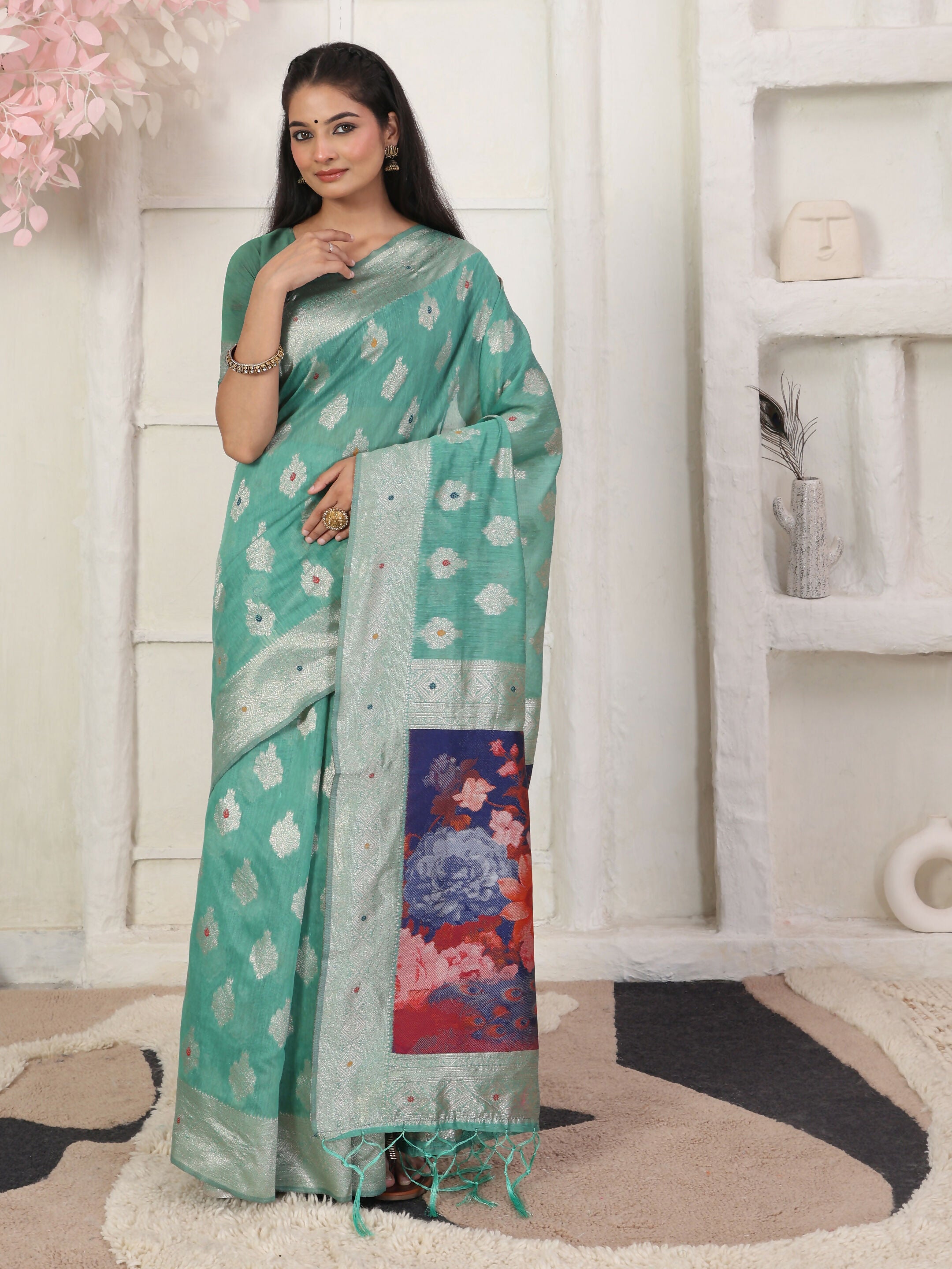 Astita Linen Cotton Rama Green Saree