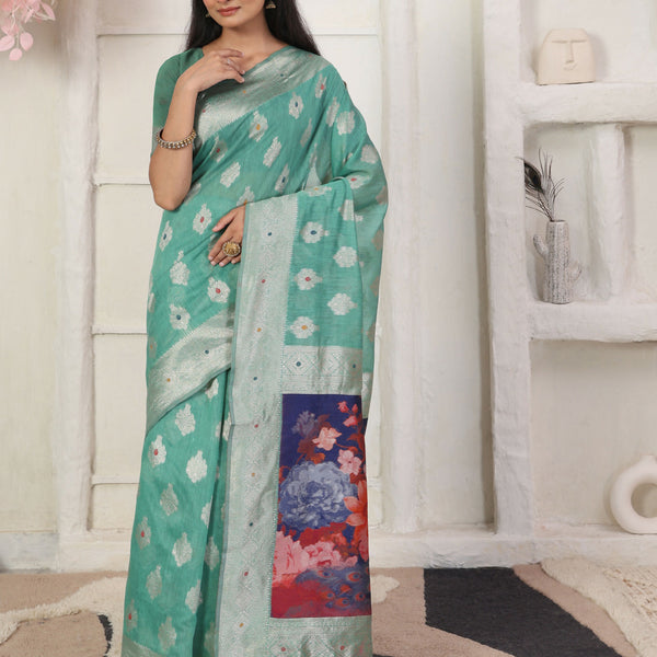 Astita Linen Cotton Rama Green Saree