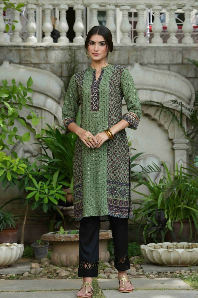 Juniper Green Ethnic Motif Printed Rayon calf length Kurta with Beads & Gota Work - Distacart
