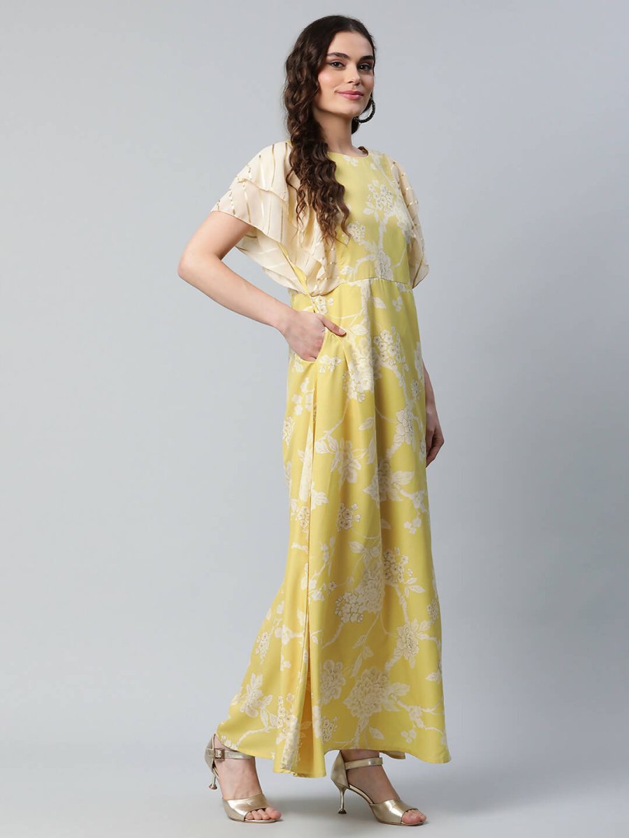Ahalyaa Womens Lemon Yellow Crepe Floral Dress - Distacart