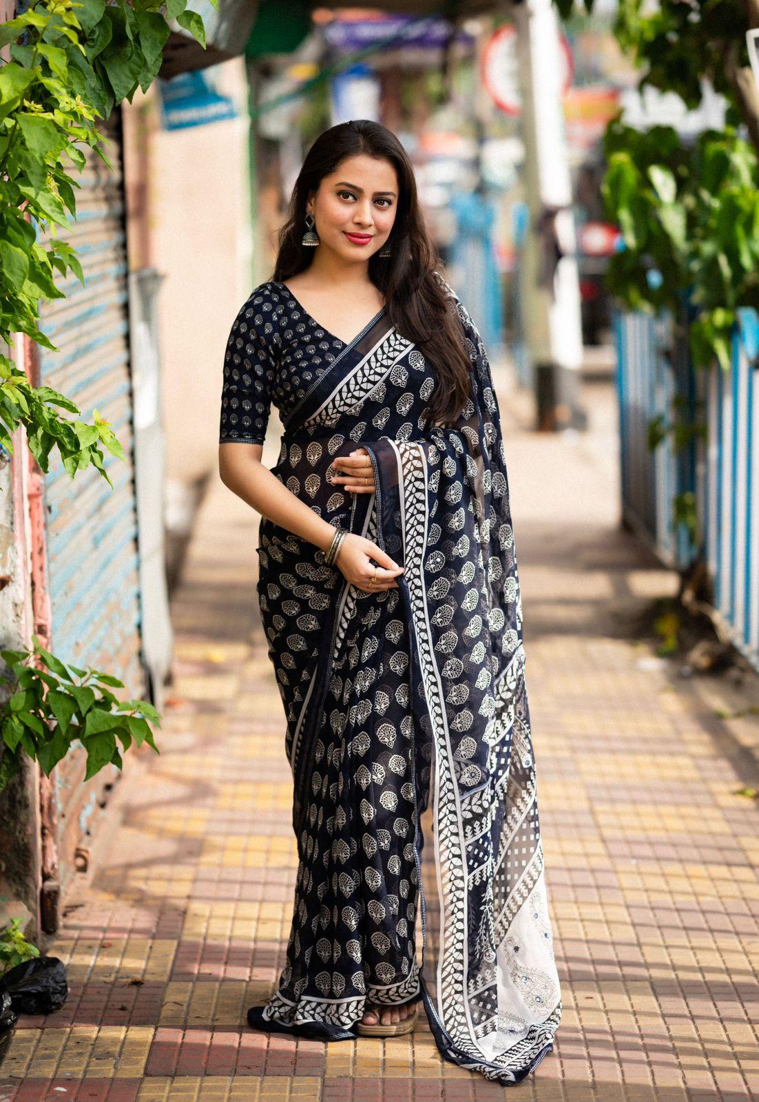 Navy Blue Poly Georgette Ajrak Saree with Unstitched Blouse - A2M - Distacart