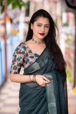 Thumbnail for Green Linen Sequence Saree with Unstitched Blouse - Hiral Fashion - Distacart