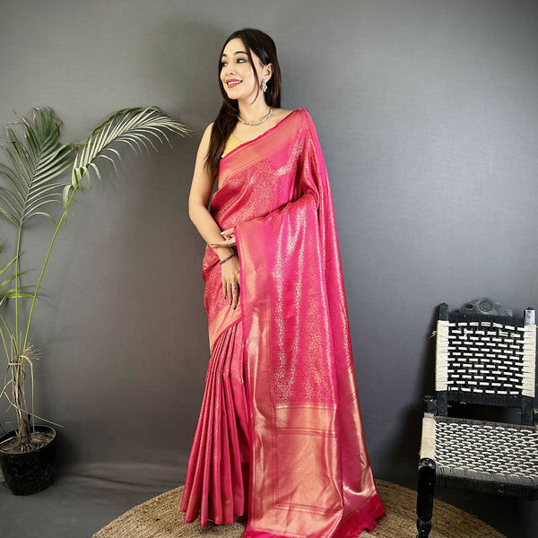 Joban Fashion Pink Floral Motifs & Ethnic Design Soft Satin Silk Kanchipuram Saree - Distacart
