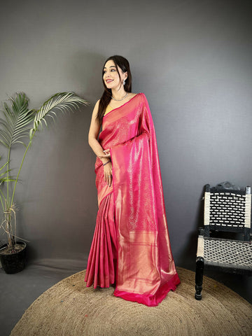 Joban Fashion Pink Floral Motifs & Ethnic Design Soft Satin Silk Kanchipuram Saree - Distacart