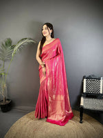 Thumbnail for Joban Fashion Pink Floral Motifs & Ethnic Design Soft Satin Silk Kanchipuram Saree - Distacart