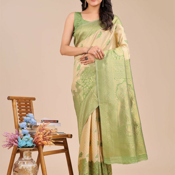 Astita Banarasi Silk Cream & Light Green Saree
