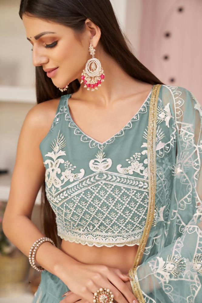 Aastha Fashion Ocean Blue Butterfly Net White Cotton Thread Work, Zari Work And Sandwich Sequence Work Embroidery Wedding Wear Lehenga Choli - Distacart