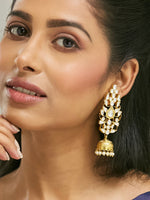 Thumbnail for Nuyug 22K Gold-Plated Regal Kundan Stone Studded & Pearl Drop Jhumkas