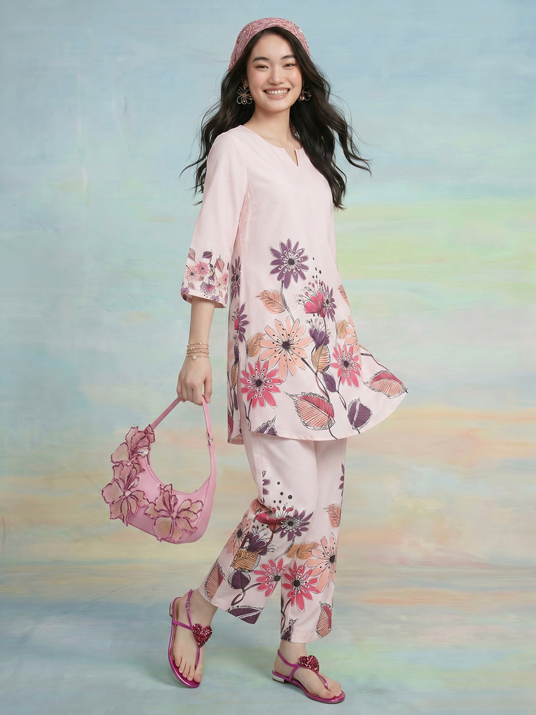 Janasya Peach A-Line Rayon Pant Co-ord Sets - Dista